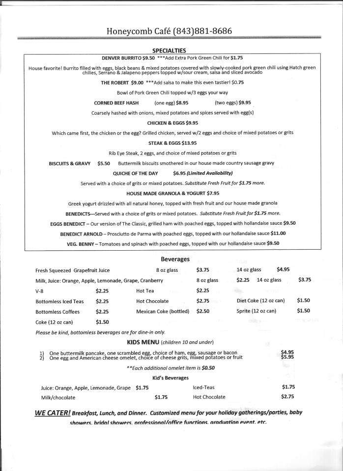 Honeycomb Cafe - Charleston, SC menu_pic