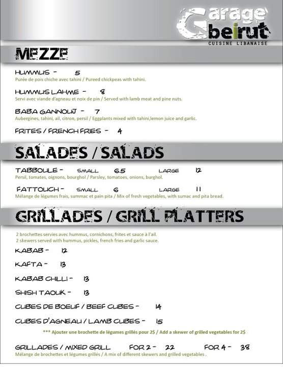 Garage Beirut Cuisine Libanaise - Montreal, QC menu_pic