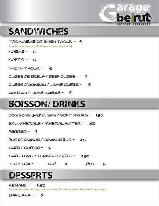 Garage Beirut Cuisine Libanaise - Montreal, QC menu_pic