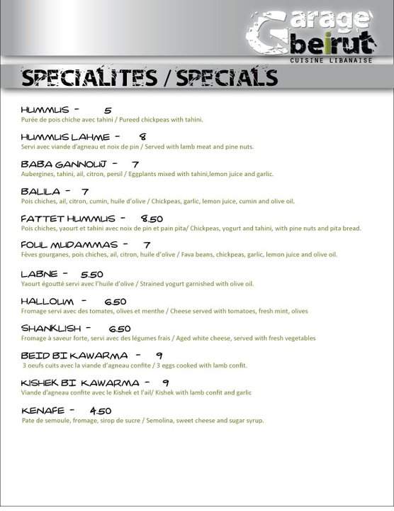 Garage Beirut Cuisine Libanaise - Montreal, QC menu_pic