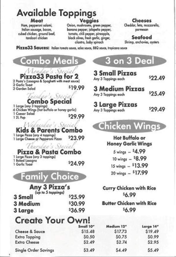 Pizza 33 Wings - Kelowna, BC menu_pic