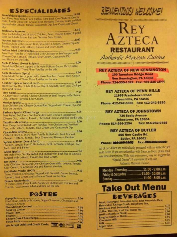 Rey Azteca - New Kensington, PA menu_pic