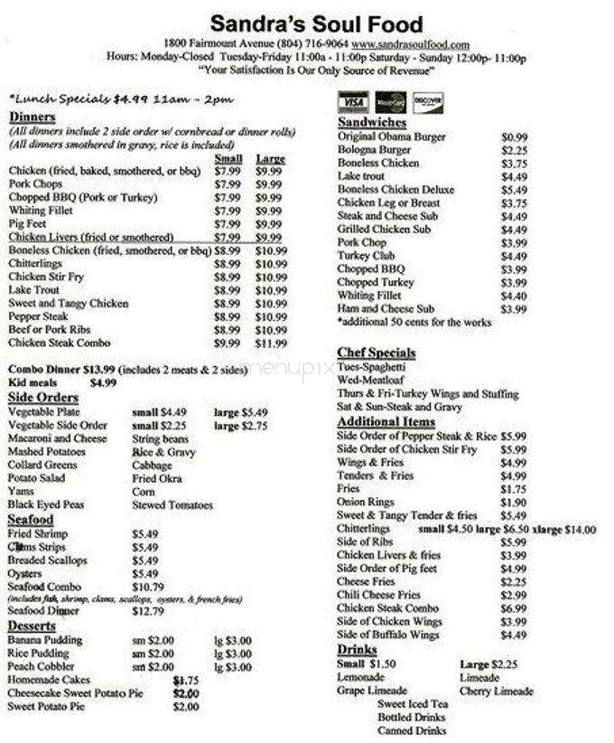 Sandra's Soul Food - Richmond, VA menu_pic