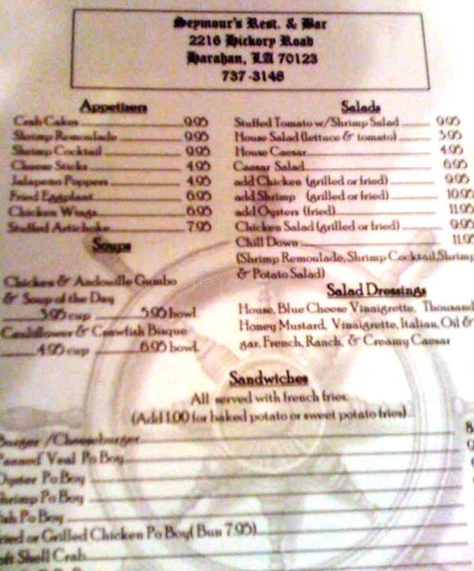 Seymour's Restaurant & Bar - River Ridge, LA menu_pic