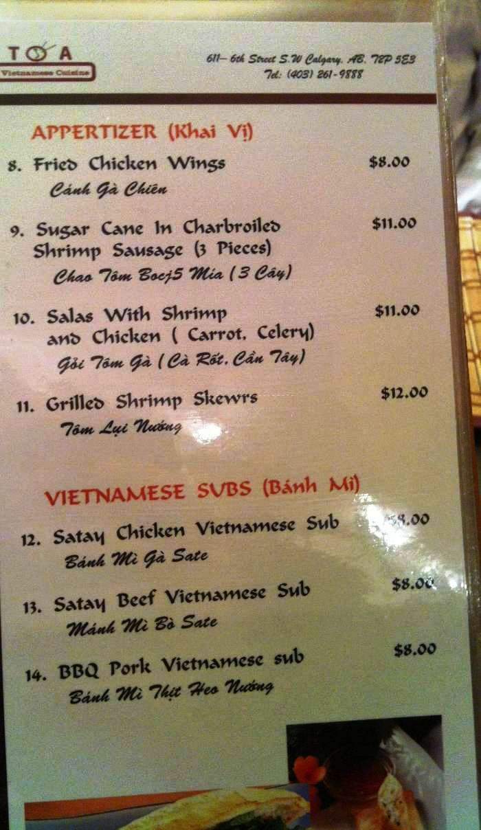 Toa Vietnamese Cuisine - Calgary, AB menu_pic