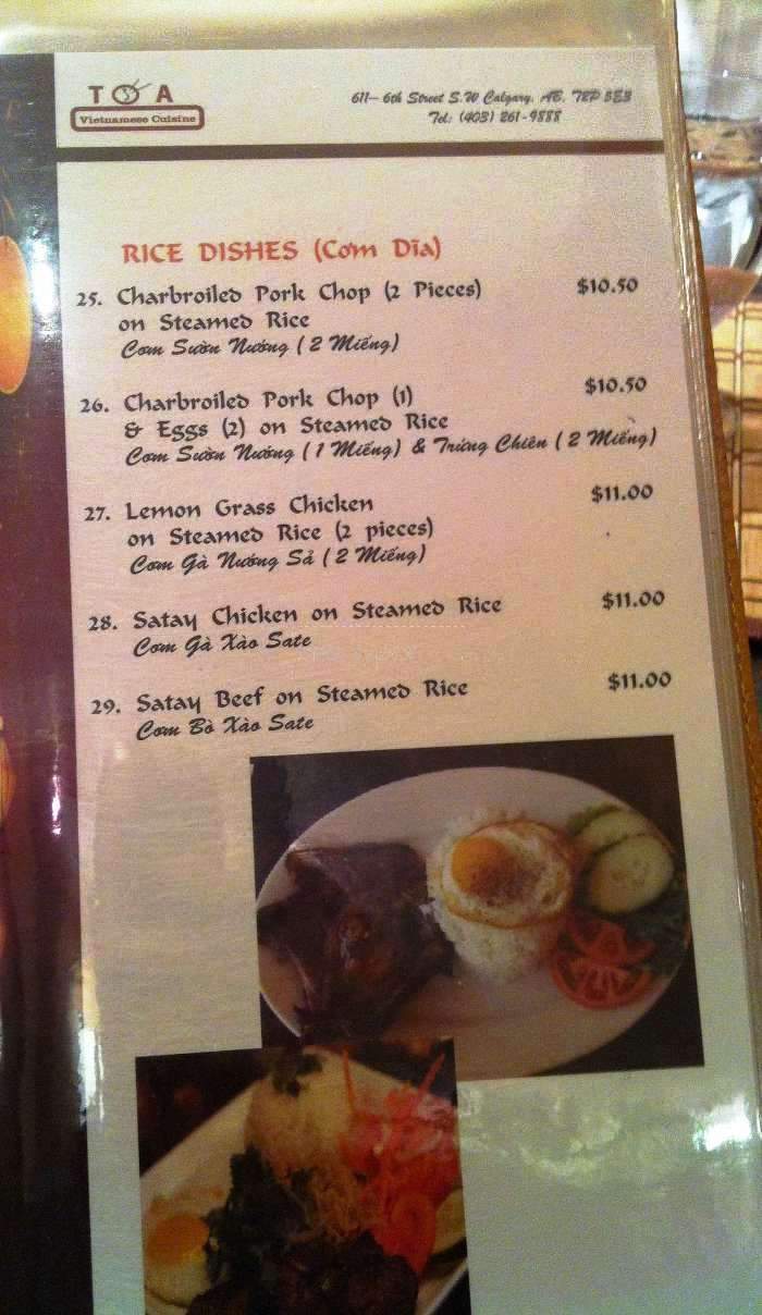 Toa Vietnamese Cuisine - Calgary, AB menu_pic