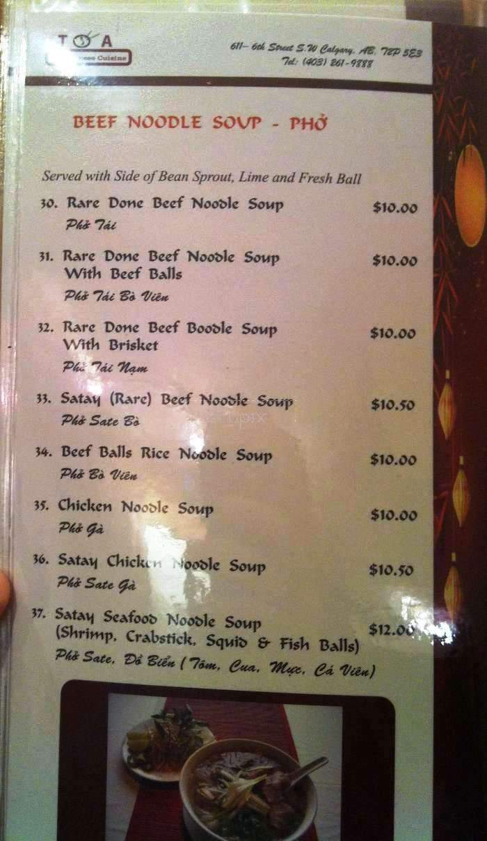 Toa Vietnamese Cuisine - Calgary, AB menu_pic