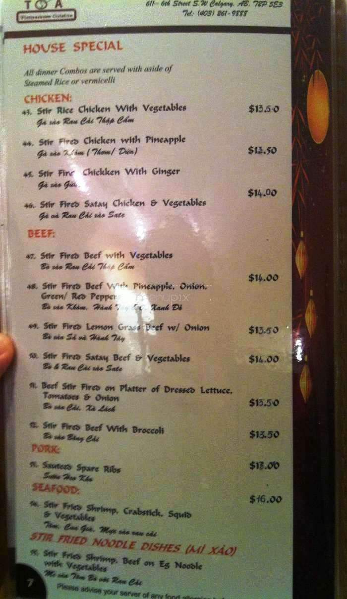 Toa Vietnamese Cuisine - Calgary, AB menu_pic