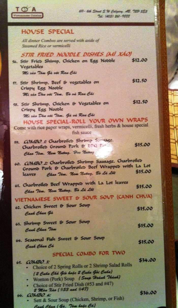 Toa Vietnamese Cuisine - Calgary, AB menu_pic