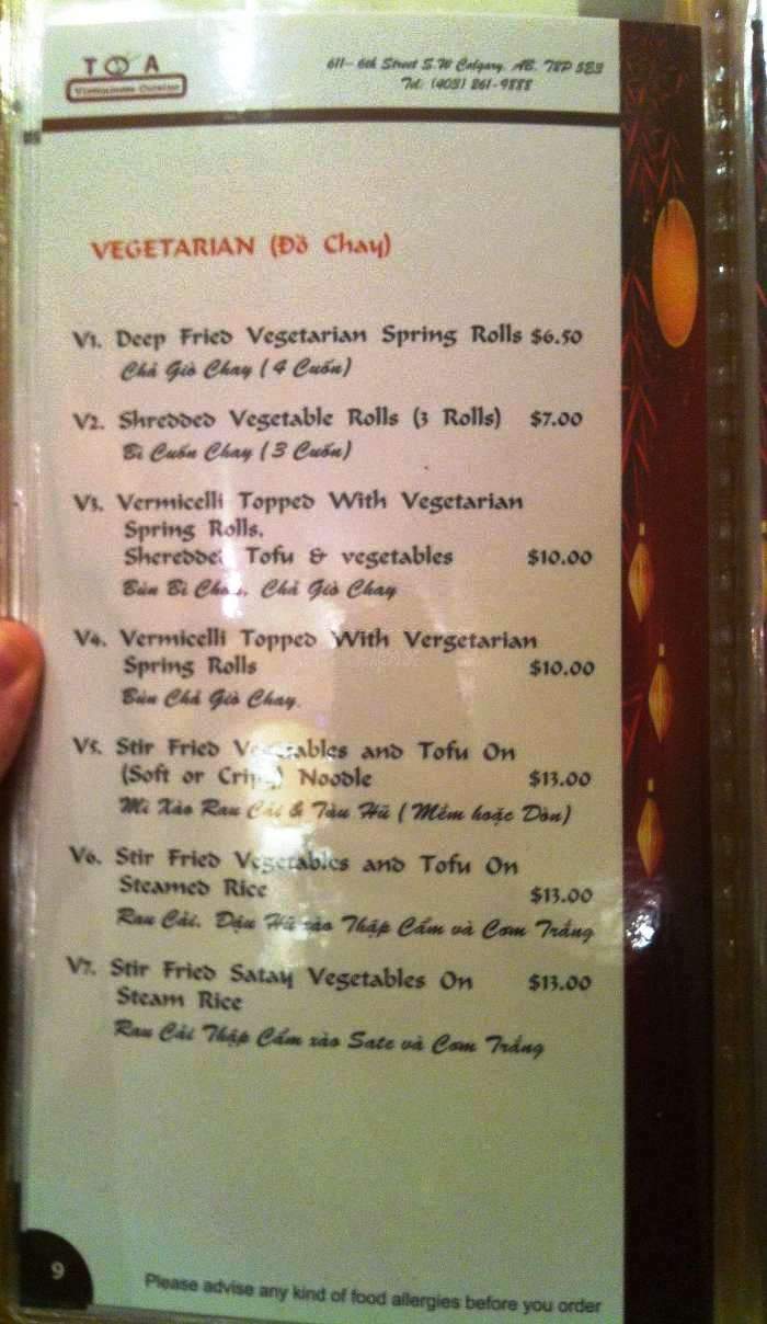 Toa Vietnamese Cuisine - Calgary, AB menu_pic