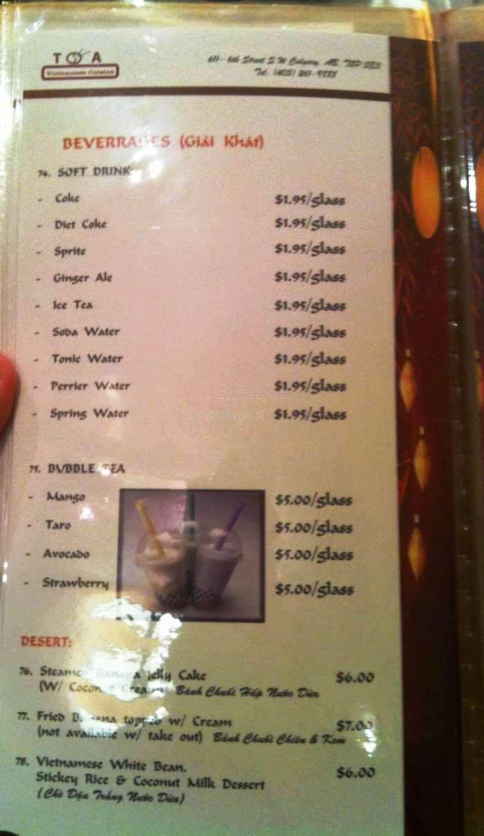 Toa Vietnamese Cuisine - Calgary, AB menu_pic