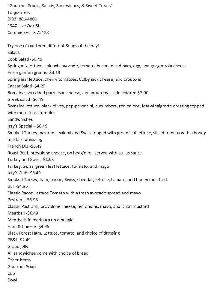Izzy's Cakes Bistro - Commerce, TX menu_pic