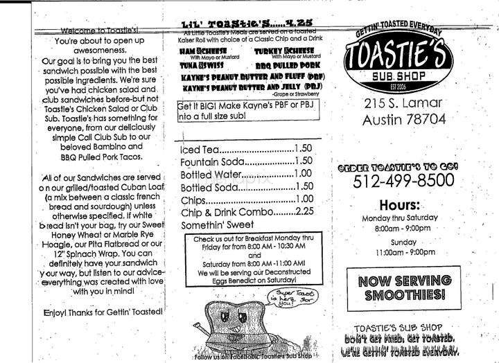 Toastie's Sub Shop - Austin, TX menu_pic