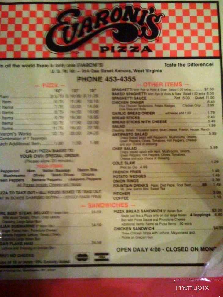 Menu of Evaroni's Pizza in Kenova, WV 25530
