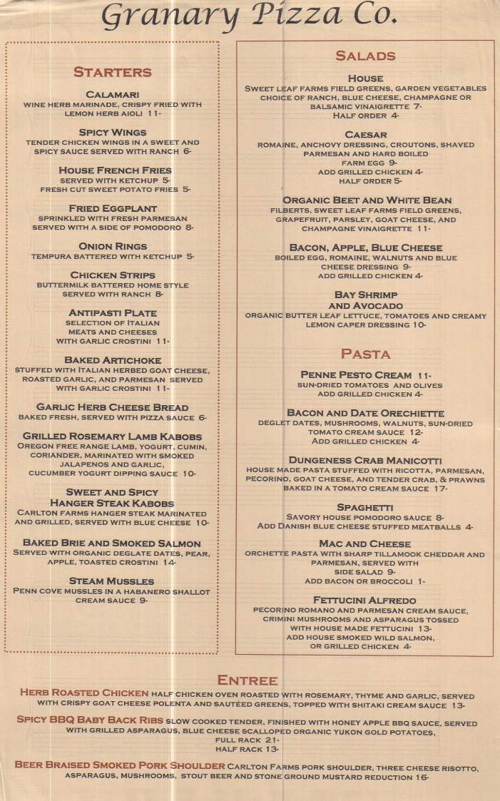 The Granary Pizza Company - Eugene, OR menu_pic