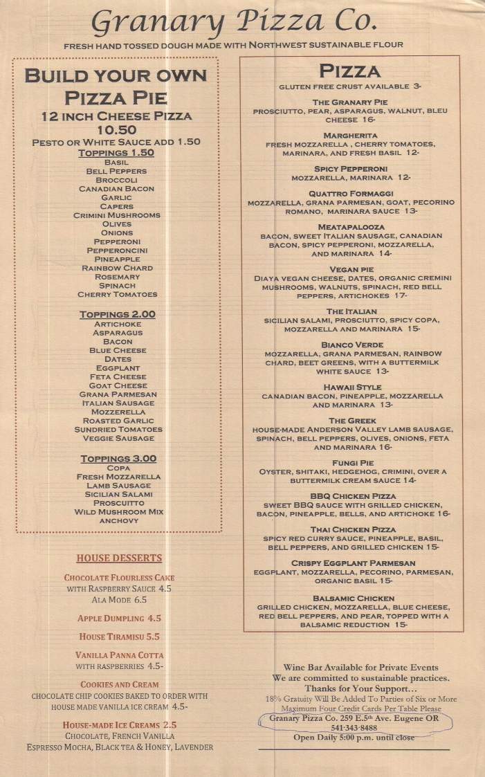 The Granary Pizza Company - Eugene, OR menu_pic