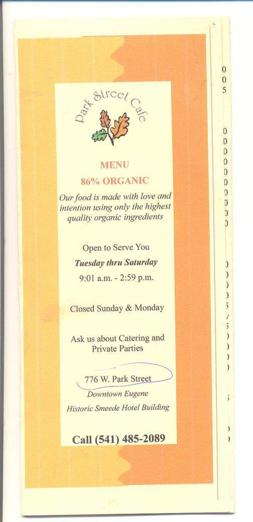 Park Street Cafe - Eugene, OR menu_pic