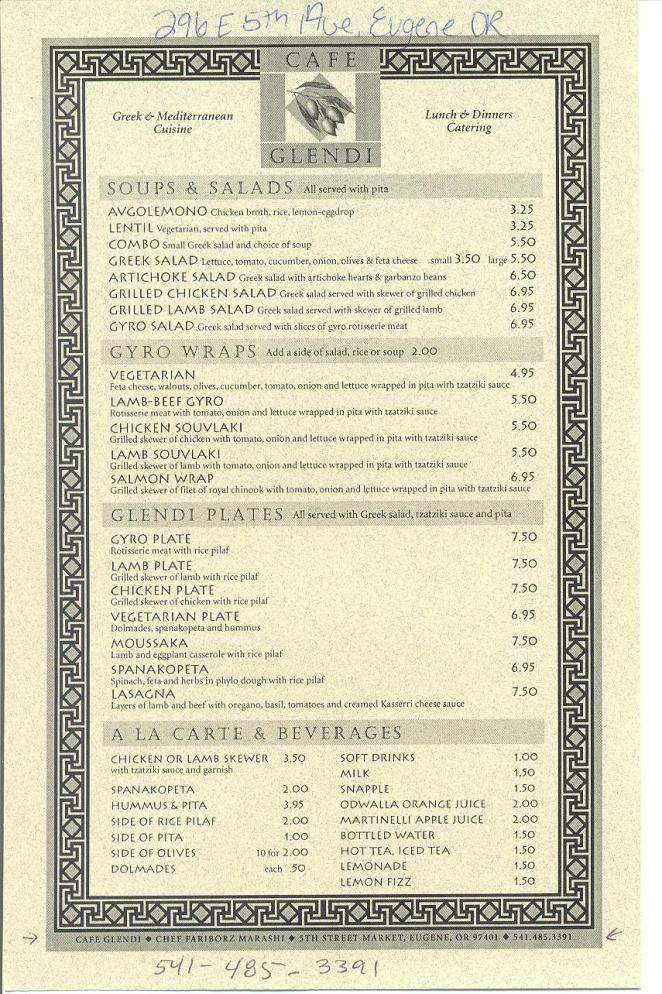 Cafe Glendi - Eugene, OR menu_pic
