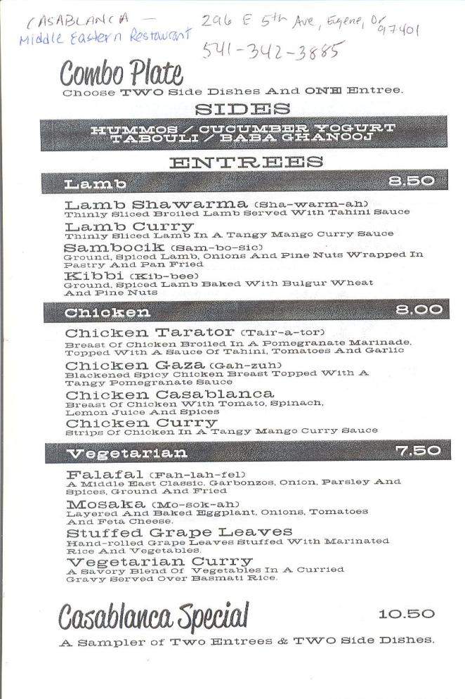Casablanca Middle Eastern Restaurant - Eugene, OR menu_pic