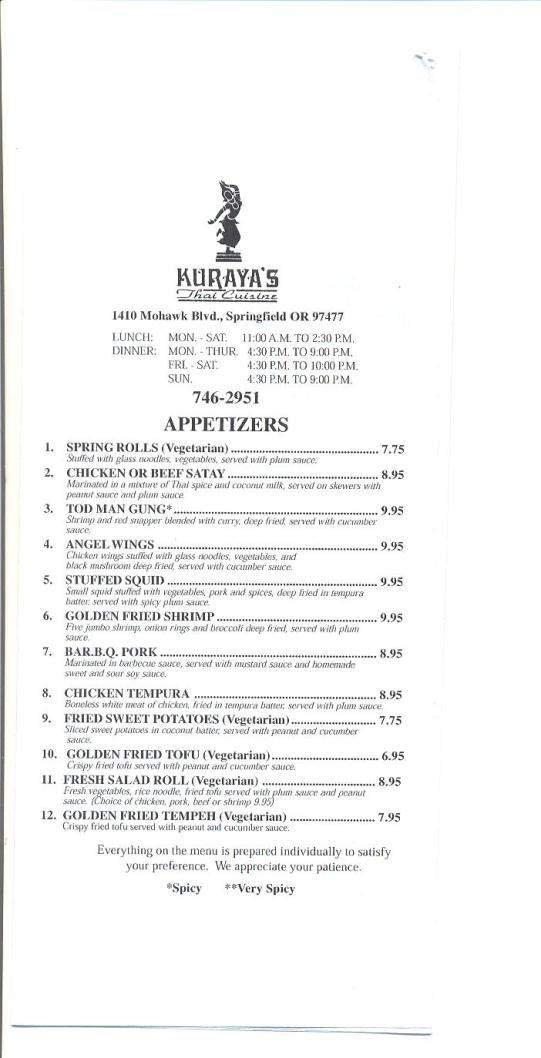 Kuraya's Thai Cuisine - Springfield, OR menu_pic
