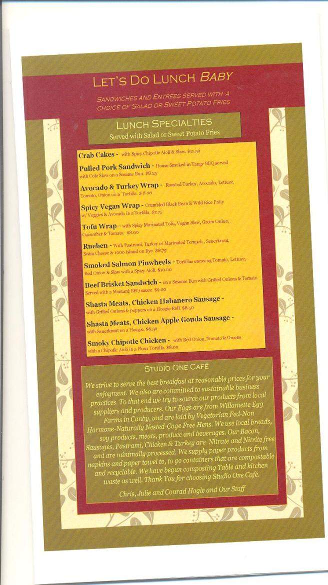 Studio One Cafe - Eugene, OR menu_pic