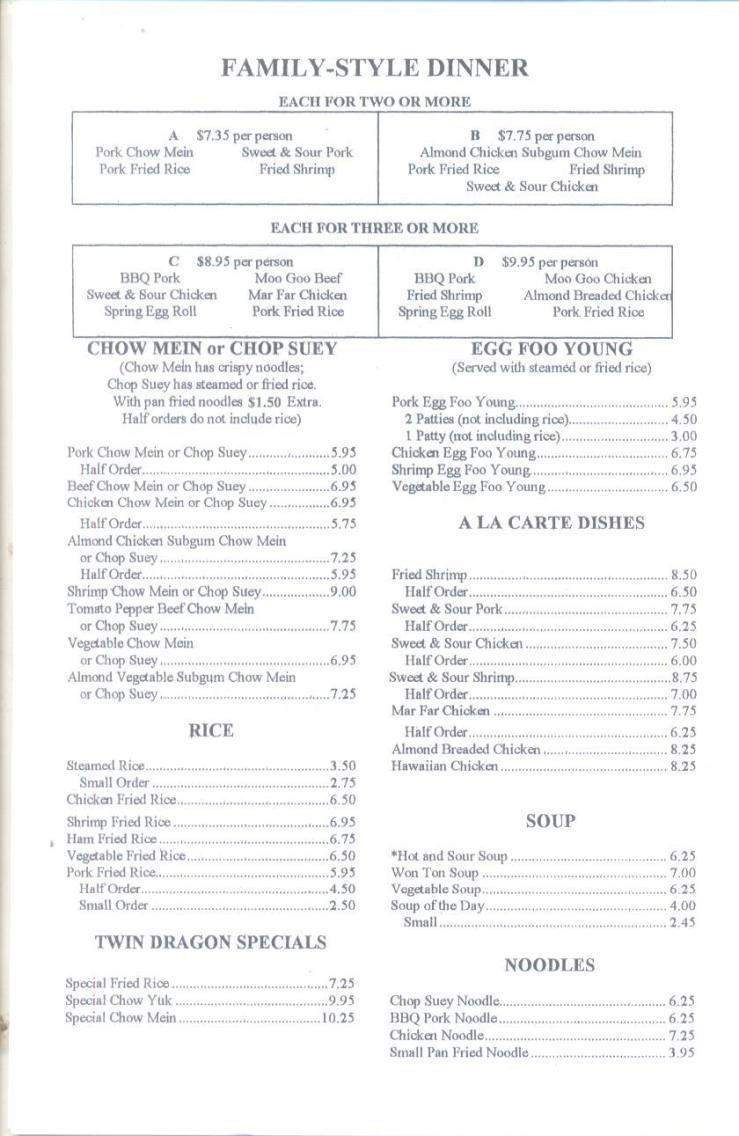Twin Dragon Restaurant - Eugene, OR menu_pic