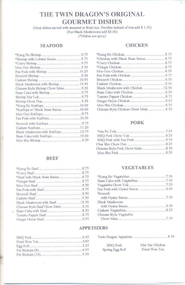 Twin Dragon Restaurant - Eugene, OR menu_pic