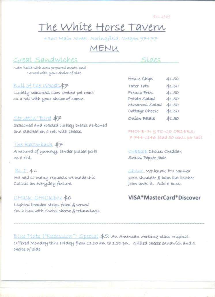 White Horse Tavern - Springfield, OR menu_pic
