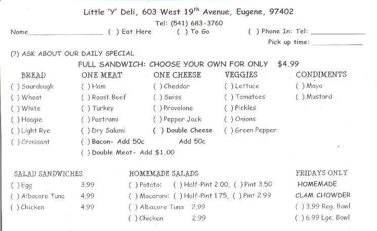 Little Y Deli - Eugene, OR menu_pic