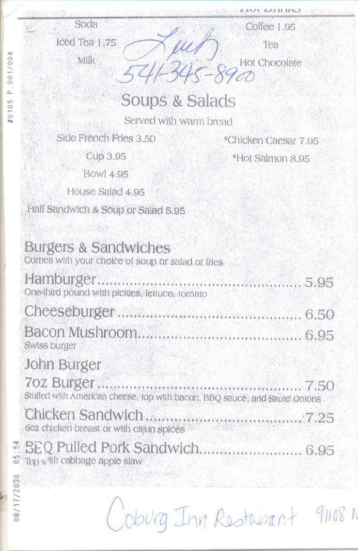 Coburg Inn Restaurant - Coburg, OR menu_pic