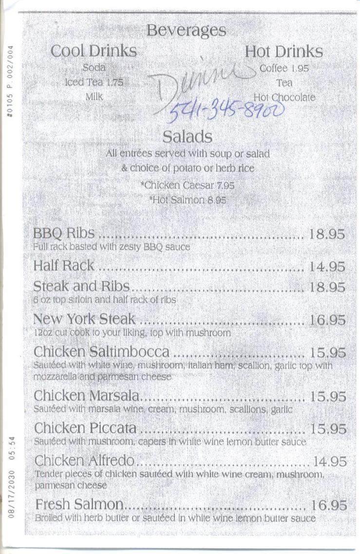 Coburg Inn Restaurant - Coburg, OR menu_pic