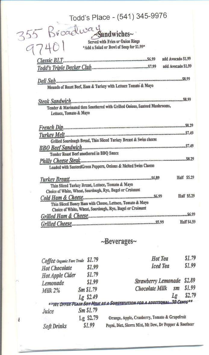 Todd's Place Steak & Eggs - Eugene, OR menu_pic