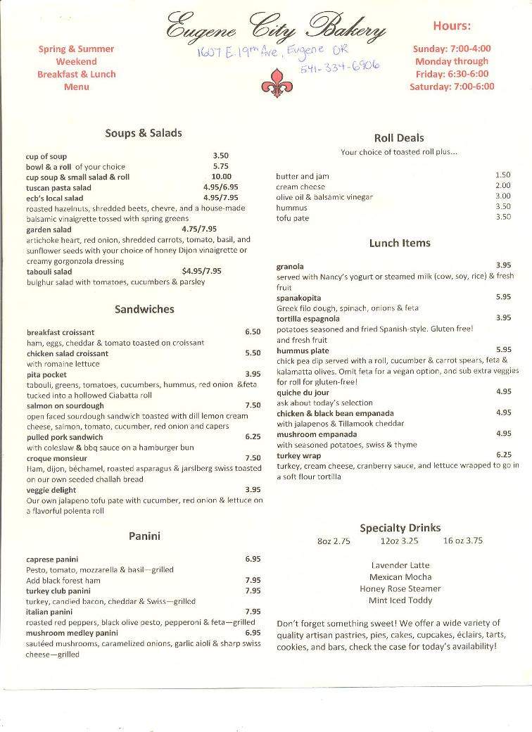 Eugene City Bakery - Eugene, OR menu_pic
