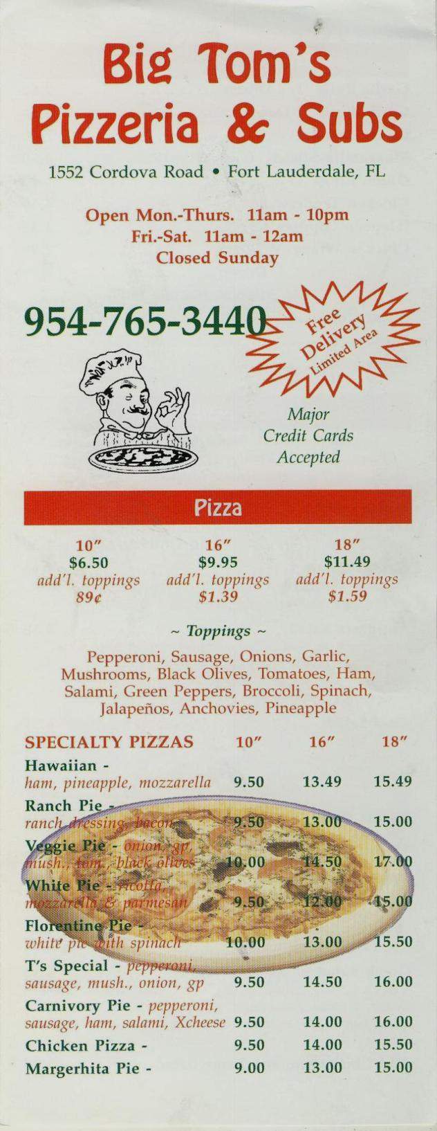 Big Toms Pizzeria & Sub - Fort Lauderdale, FL menu_pic
