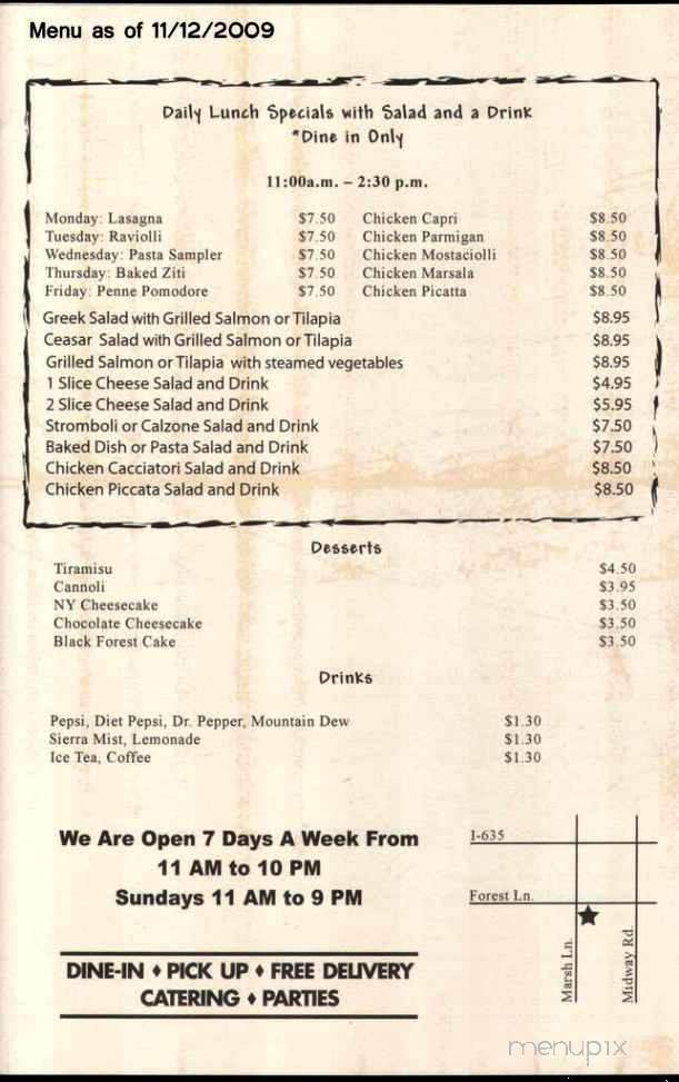 Franki's Pizza and Pasta - Dallas, TX menu_pic