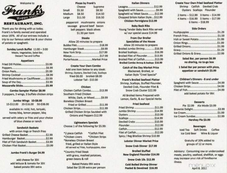 Frank's Restaurant - Covington, GA menu_pic