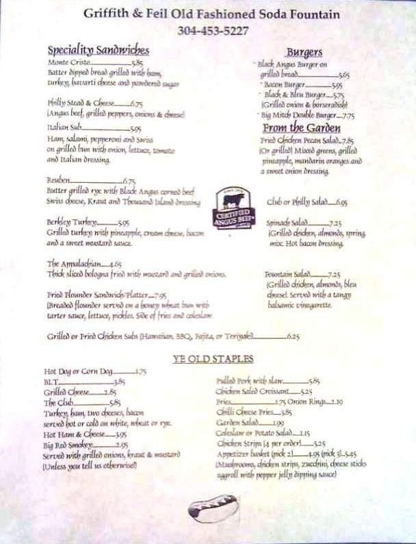 Griffith and Feil Soda Fountain - Kenova, WV menu_pic