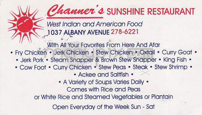 Channer's Sunshine Restaurant - Hartford, CT menu_pic