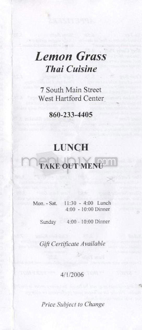 Lemon Grass Restaurant - West Hartford, CT menu_pic