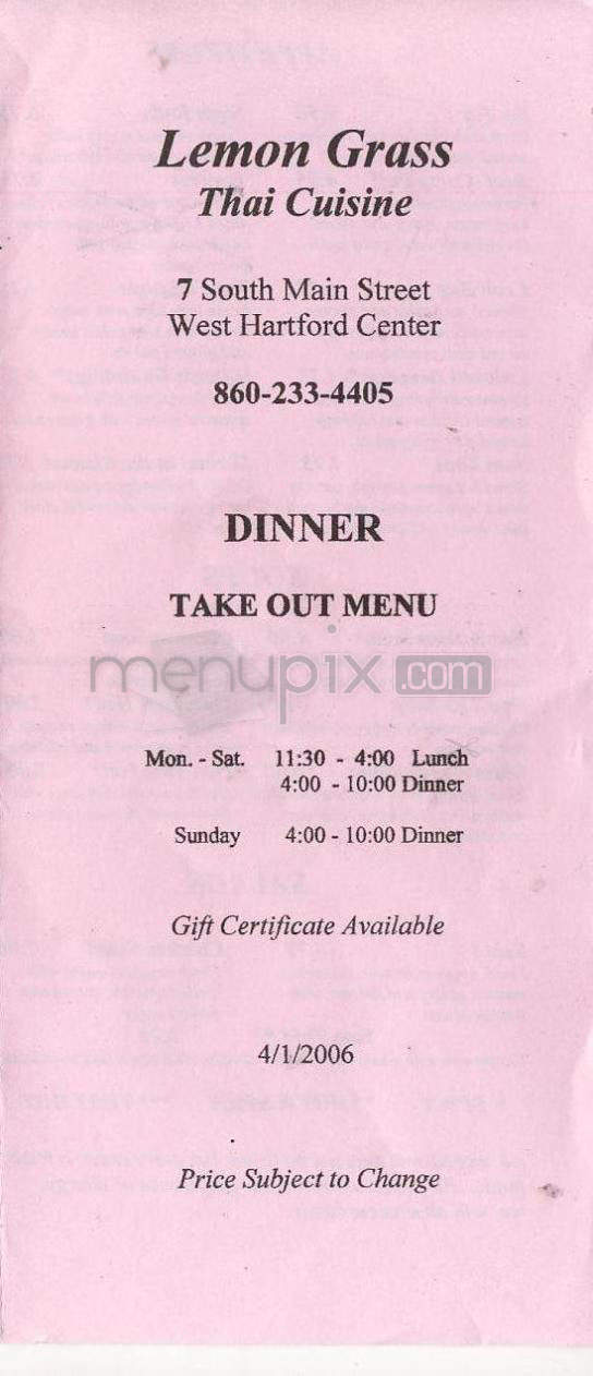 Lemon Grass Restaurant - West Hartford, CT menu_pic