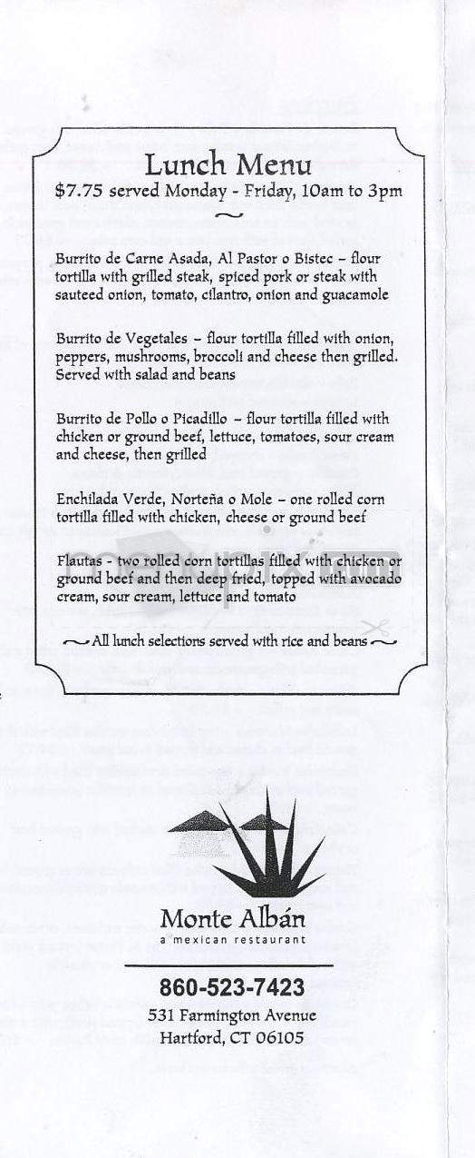 Monte Alban Restaurant - Hartford, CT menu_pic