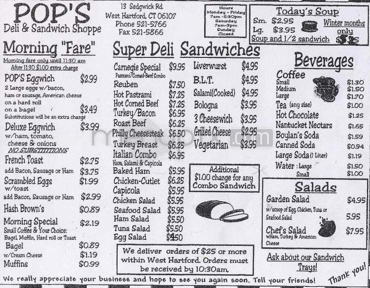 Pop's Deli & Sandwich Shoppe - West Hartford, CT menu_pic