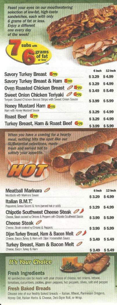 Subway Sandwiches & Salads - Hartford, CT menu_pic