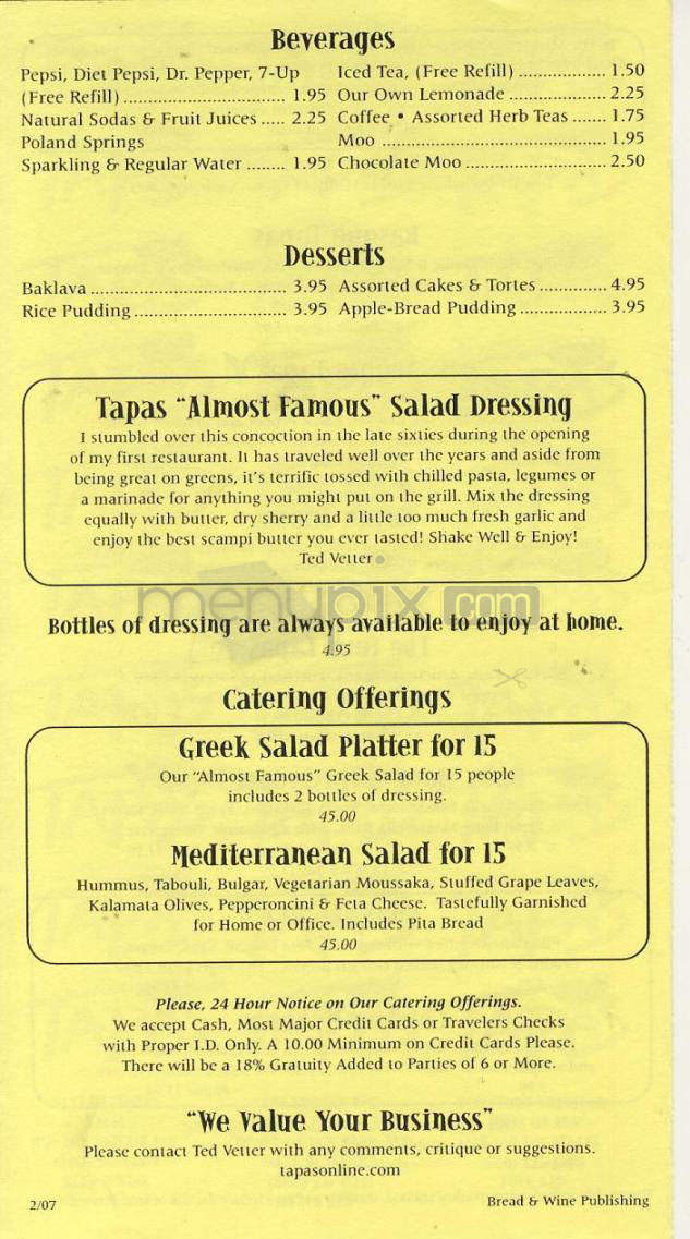 Tapas Restaurant - West Hartford, CT menu_pic