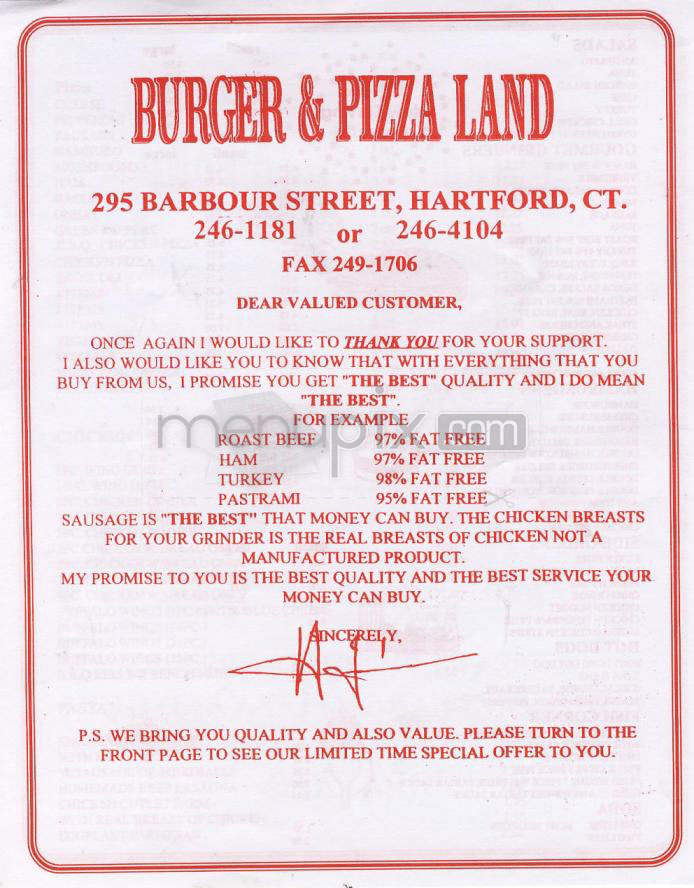 Burger & Pizza Land - Hartford, CT menu_pic