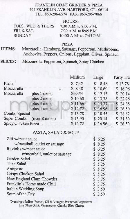 Franklin Giant Sandwich Shop - Hartford, CT menu_pic
