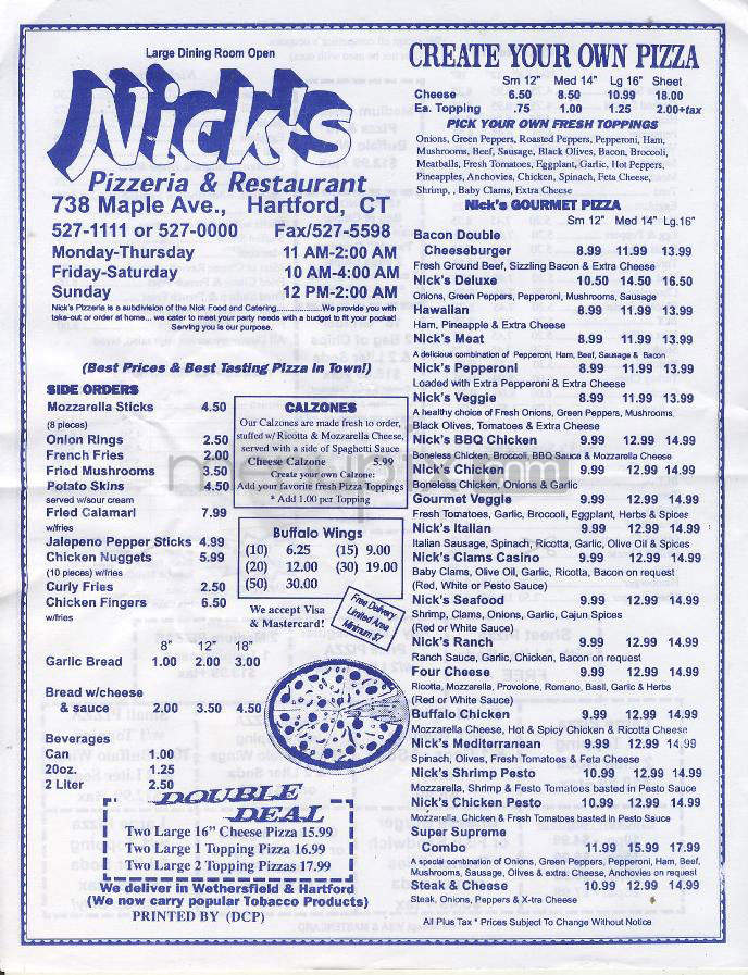 Nick's Pizza - Hartford, CT menu_pic