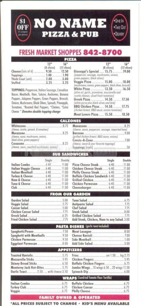 No Name Pizza & Pub - Beaufort, SC menu_pic