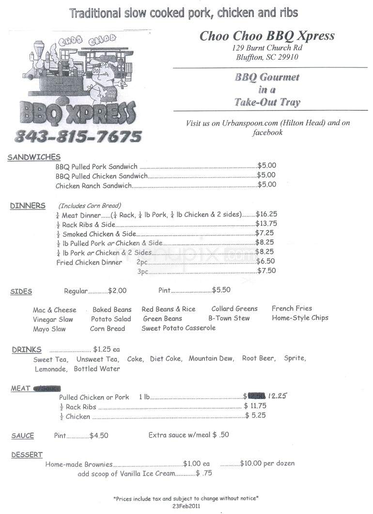 Choo Choo BBQ Xpress - Bluffton, SC menu_pic