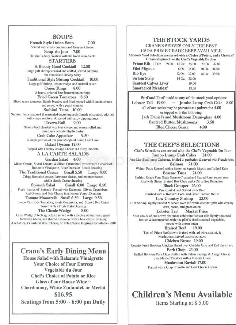 Crane's Tavern & Steakhouse - Hilton Head Island, SC menu_pic
